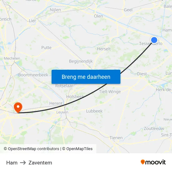Ham to Zaventem map