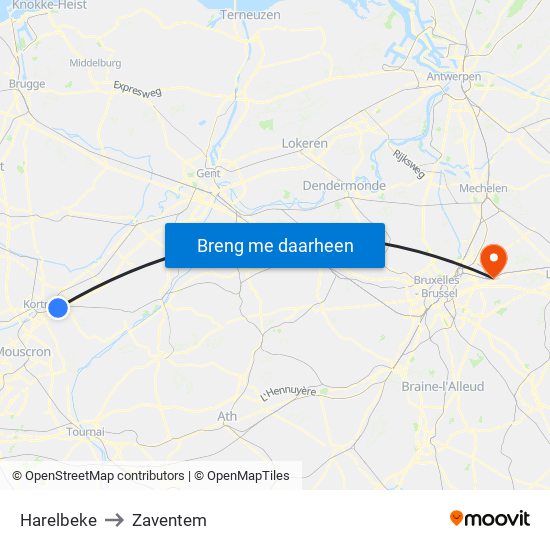 Harelbeke to Zaventem map