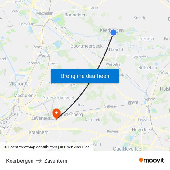 Keerbergen to Zaventem map