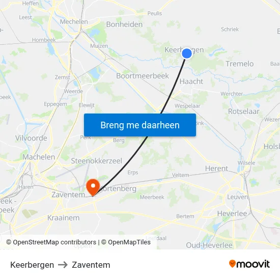 Keerbergen to Zaventem map