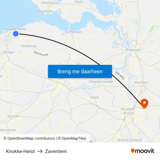 Knokke-Heist to Zaventem map