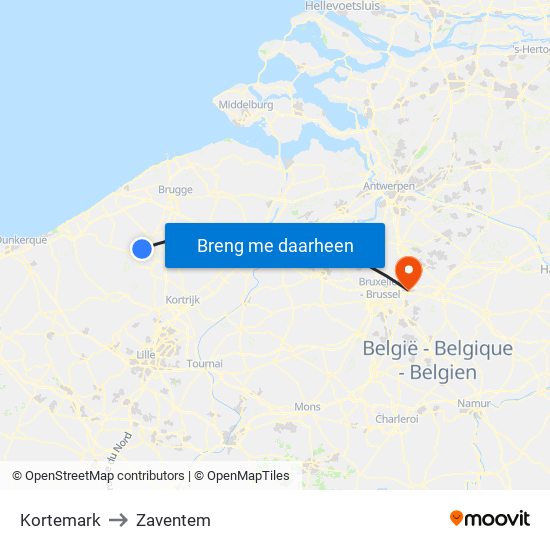 Kortemark to Zaventem map