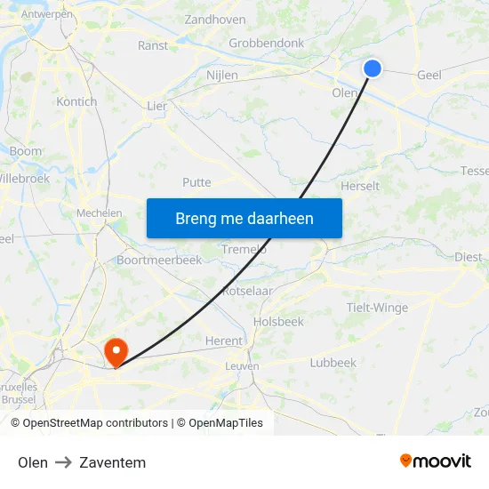 Olen to Zaventem map