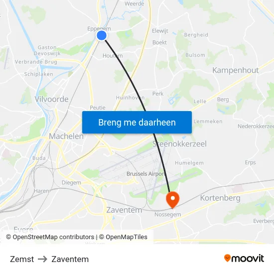 Zemst to Zaventem map