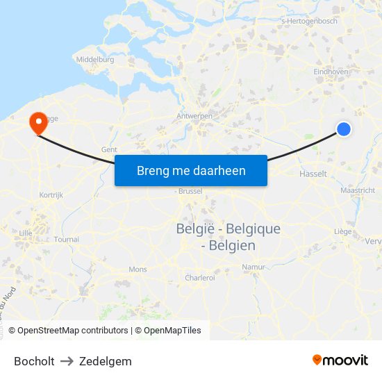 Bocholt to Zedelgem map