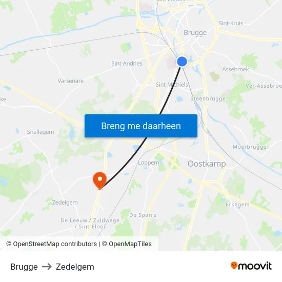 Brugge to Zedelgem map