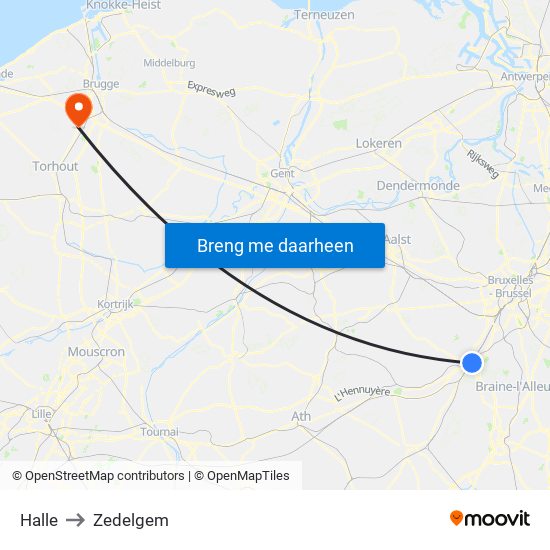 Halle to Zedelgem map