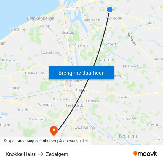 Knokke-Heist to Zedelgem map