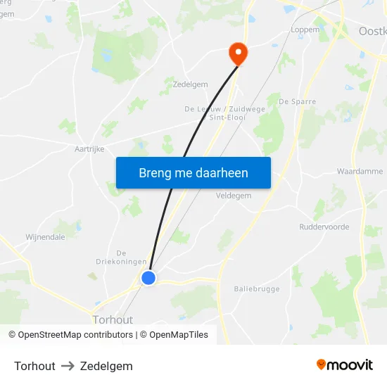Torhout to Zedelgem map