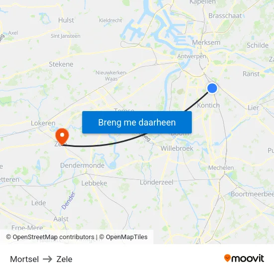 Mortsel to Zele map