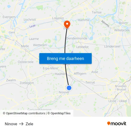 Ninove to Zele map