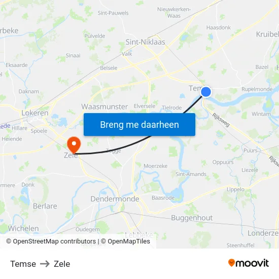 Temse to Zele map