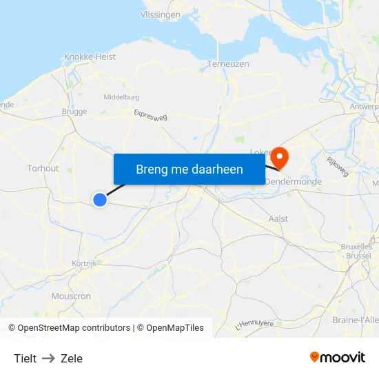 Tielt to Zele map