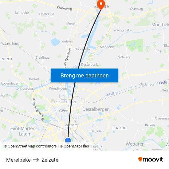 Merelbeke to Zelzate map