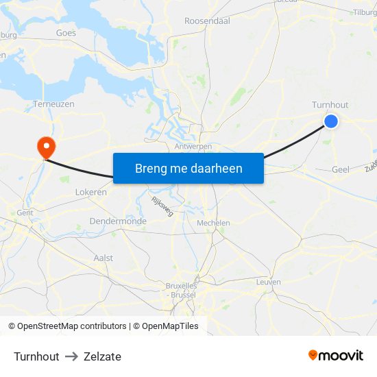 Turnhout to Zelzate map