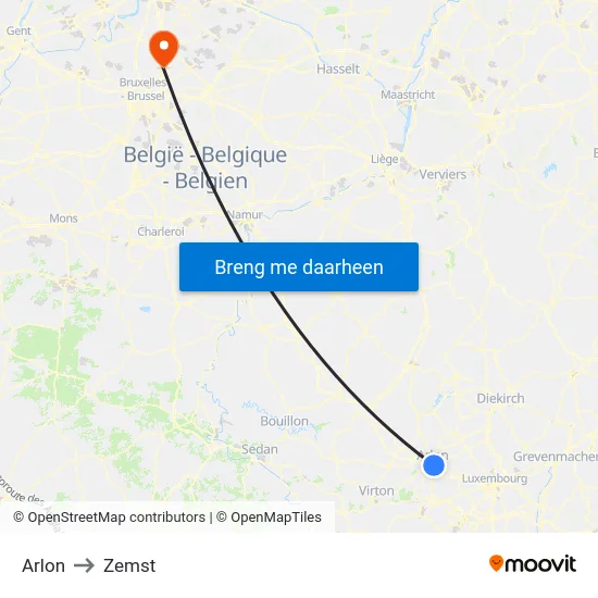 Arlon to Zemst map