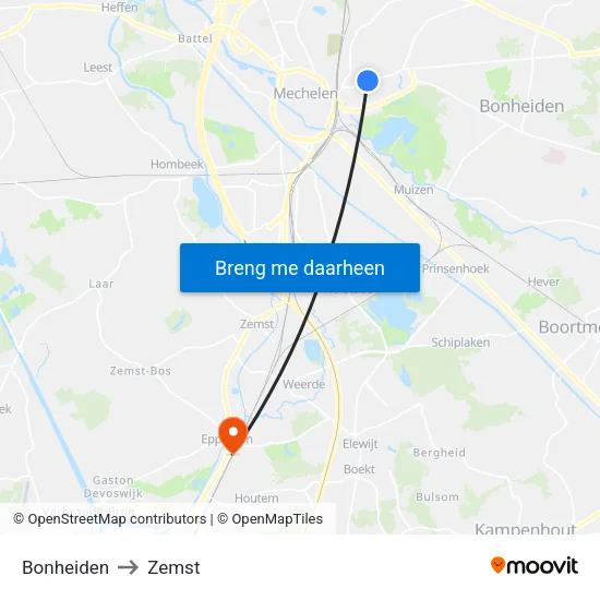 Bonheiden to Zemst map