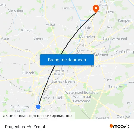 Drogenbos to Zemst map