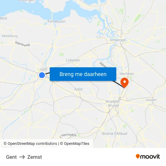 Gent to Zemst map