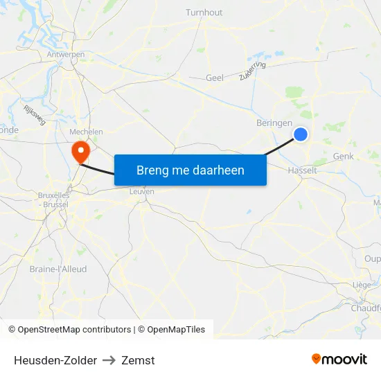 Heusden-Zolder to Zemst map
