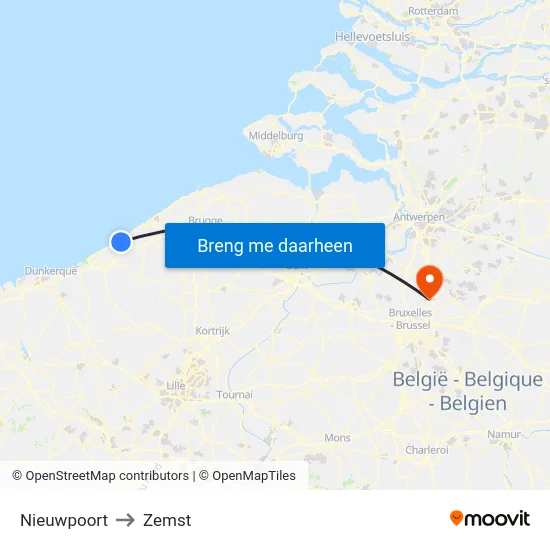 Nieuwpoort to Zemst map
