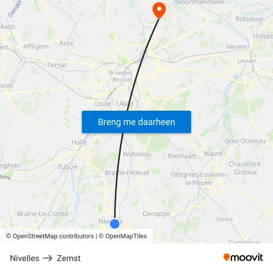 Nivelles to Zemst map