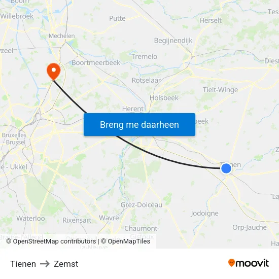 Tienen to Zemst map