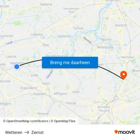 Wetteren to Zemst map