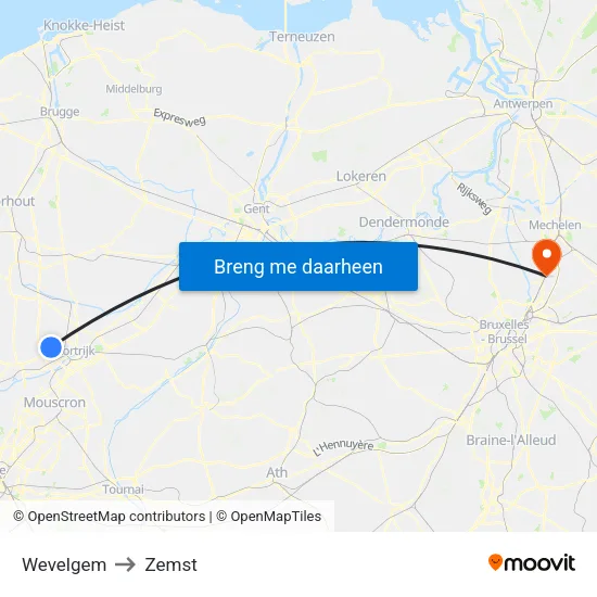 Wevelgem to Zemst map