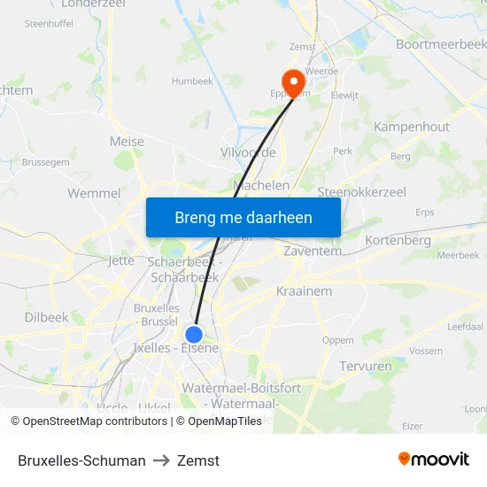 Bruxelles-Schuman to Zemst map