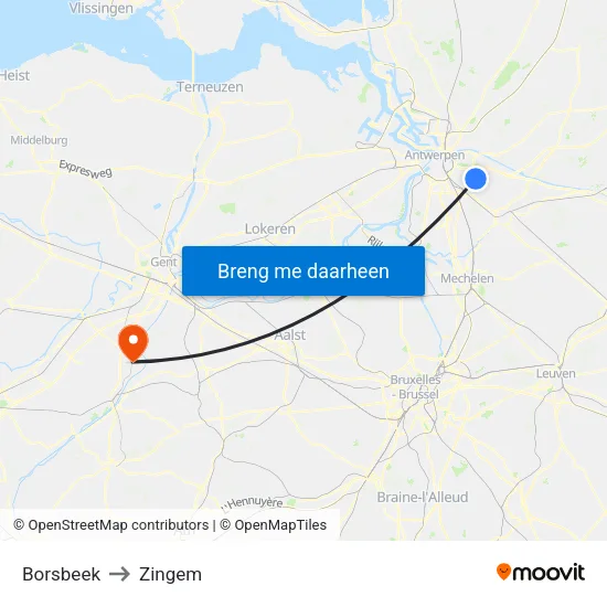 Borsbeek to Zingem map