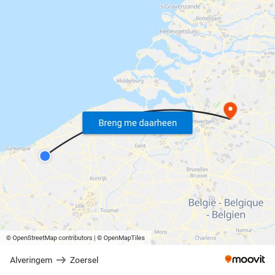 Alveringem to Zoersel map