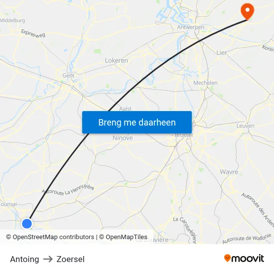 Antoing to Zoersel map