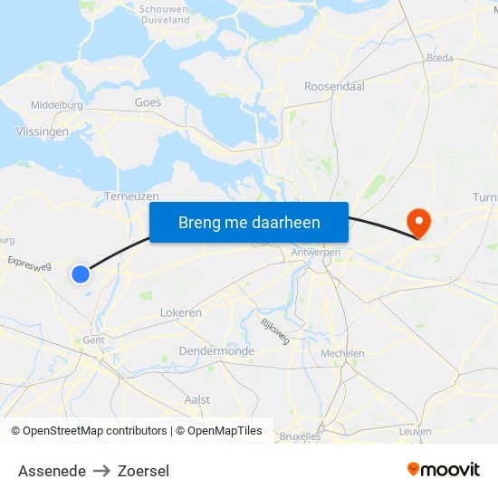 Assenede to Zoersel map