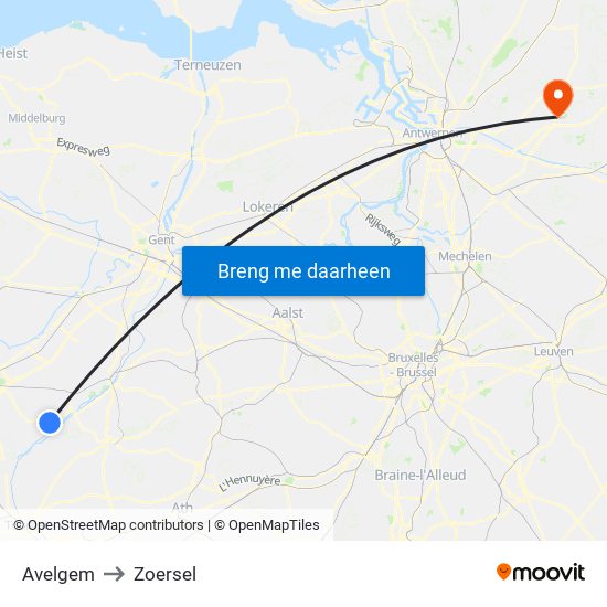 Avelgem to Zoersel map