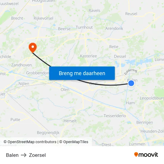 Balen to Zoersel map