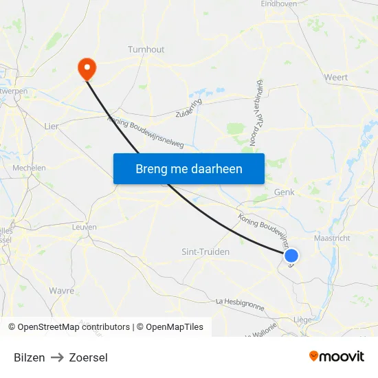 Bilzen to Zoersel map