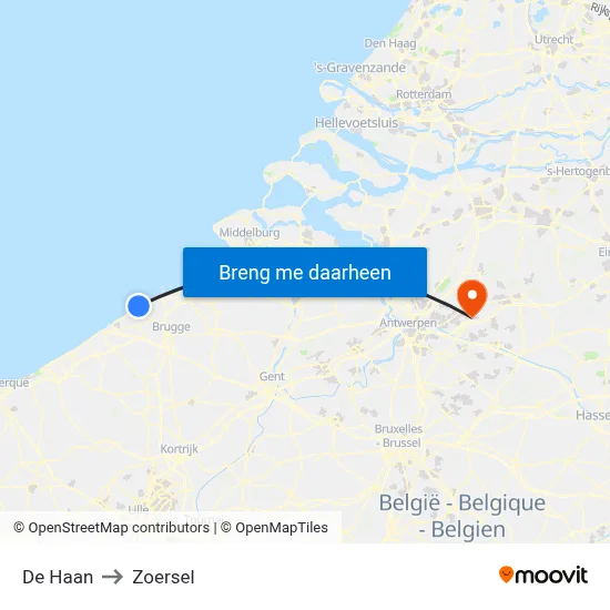 De Haan to Zoersel map