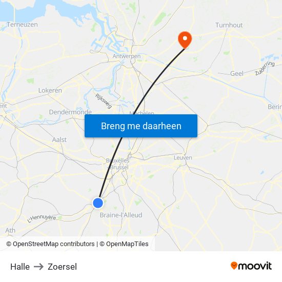 Halle to Zoersel map