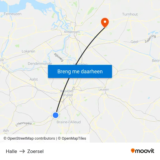 Halle to Zoersel map