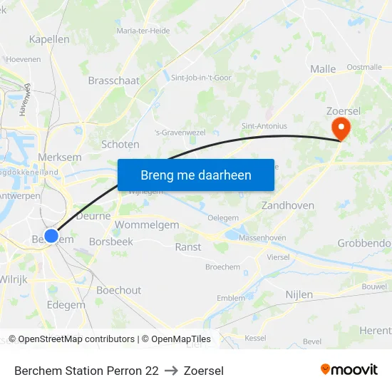 Berchem Station Perron 22 to Zoersel map