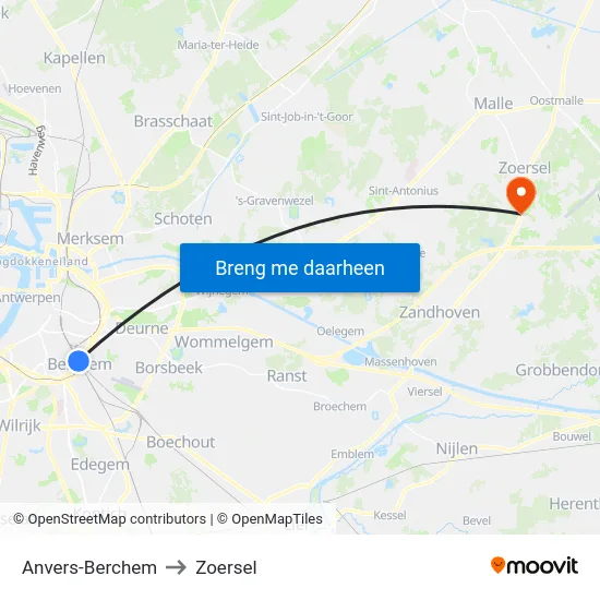 Anvers-Berchem to Zoersel map