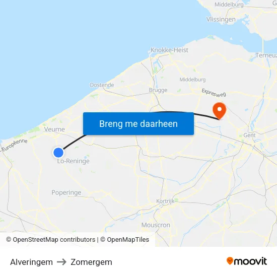 Alveringem to Zomergem map