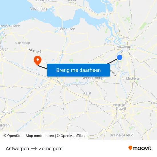 Antwerpen to Zomergem map