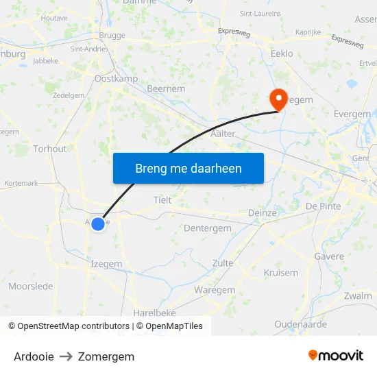 Ardooie to Zomergem map