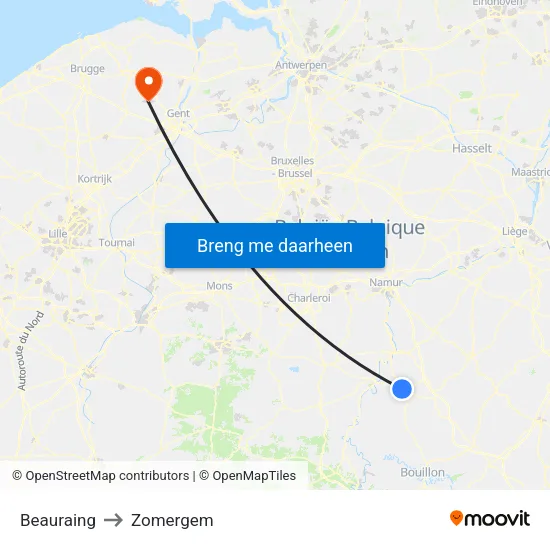 Beauraing to Zomergem map