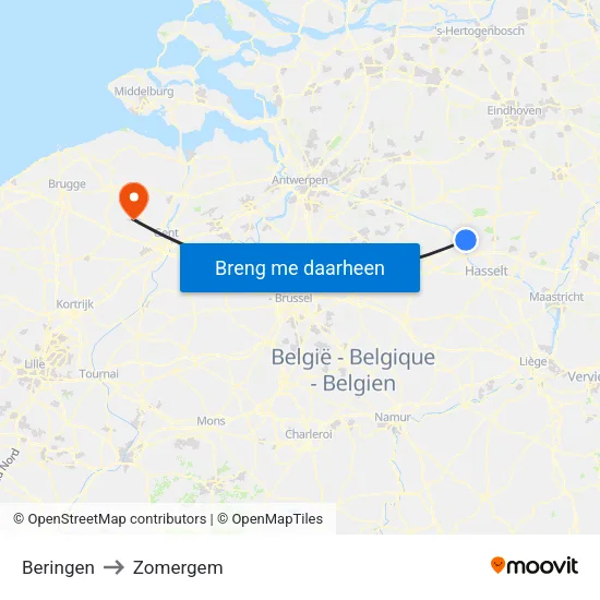 Beringen to Zomergem map