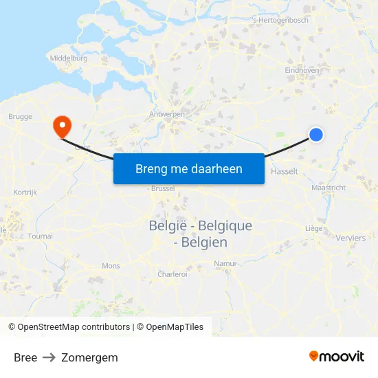 Bree to Zomergem map