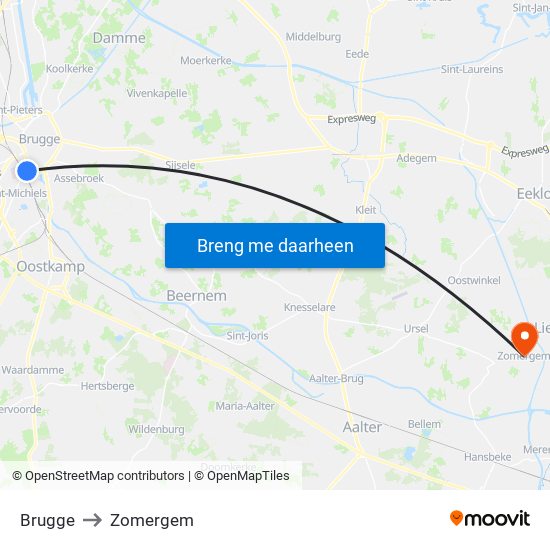 Brugge to Zomergem map