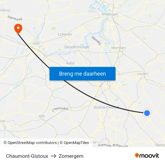 Chaumont-Gistoux to Zomergem map